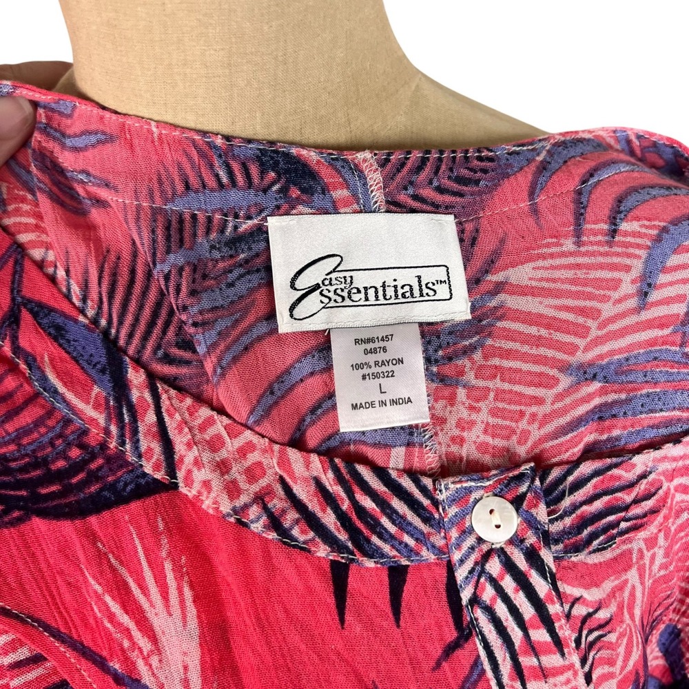 Easy Essentials Pink Purple Tropical Palm Print Rayon Button Front Midi Dress L - Picture 6 of 11